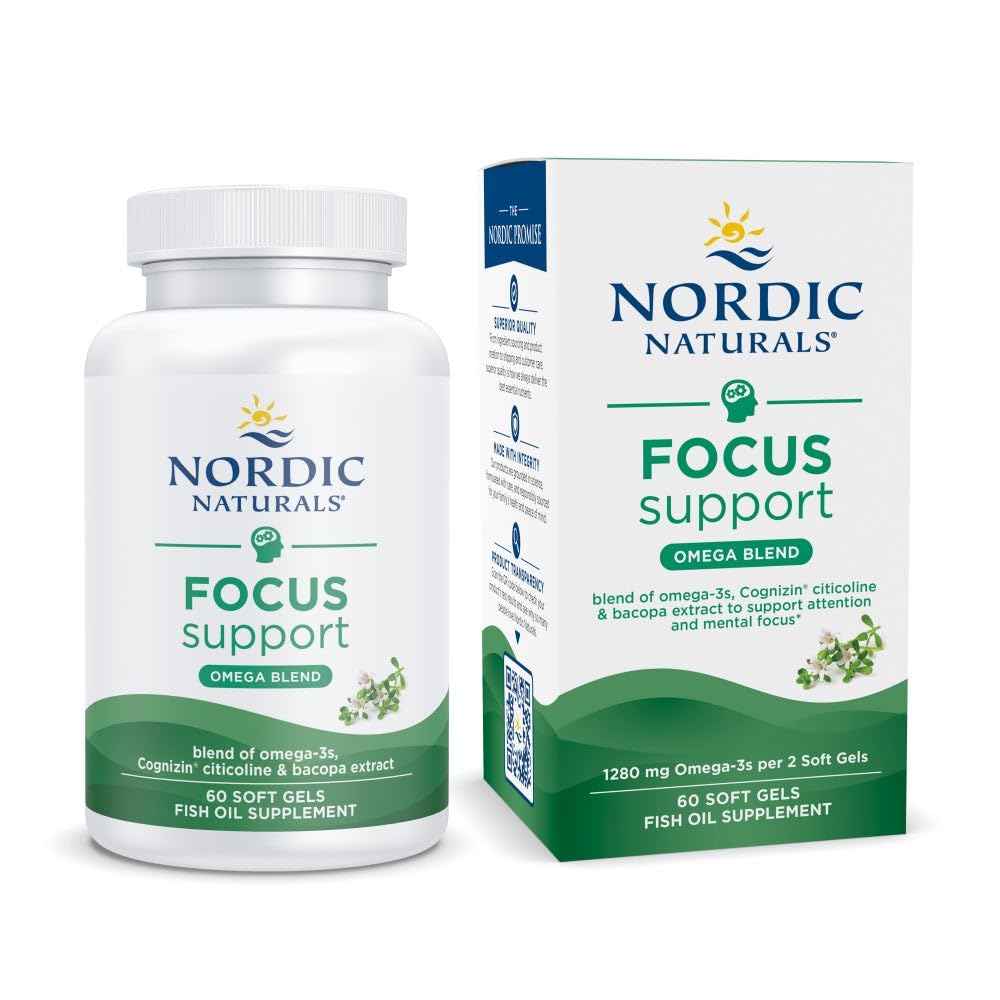 Nordic Naturals Omega Focus, Lemon - 60 Soft Gels - 1280 mg Omega-3 + Citicoline & Bacopa Monnieri Extract - Focus, Attention, Memory, Brain Health - Non-GMO - 30 Servings - dailyvitalstore