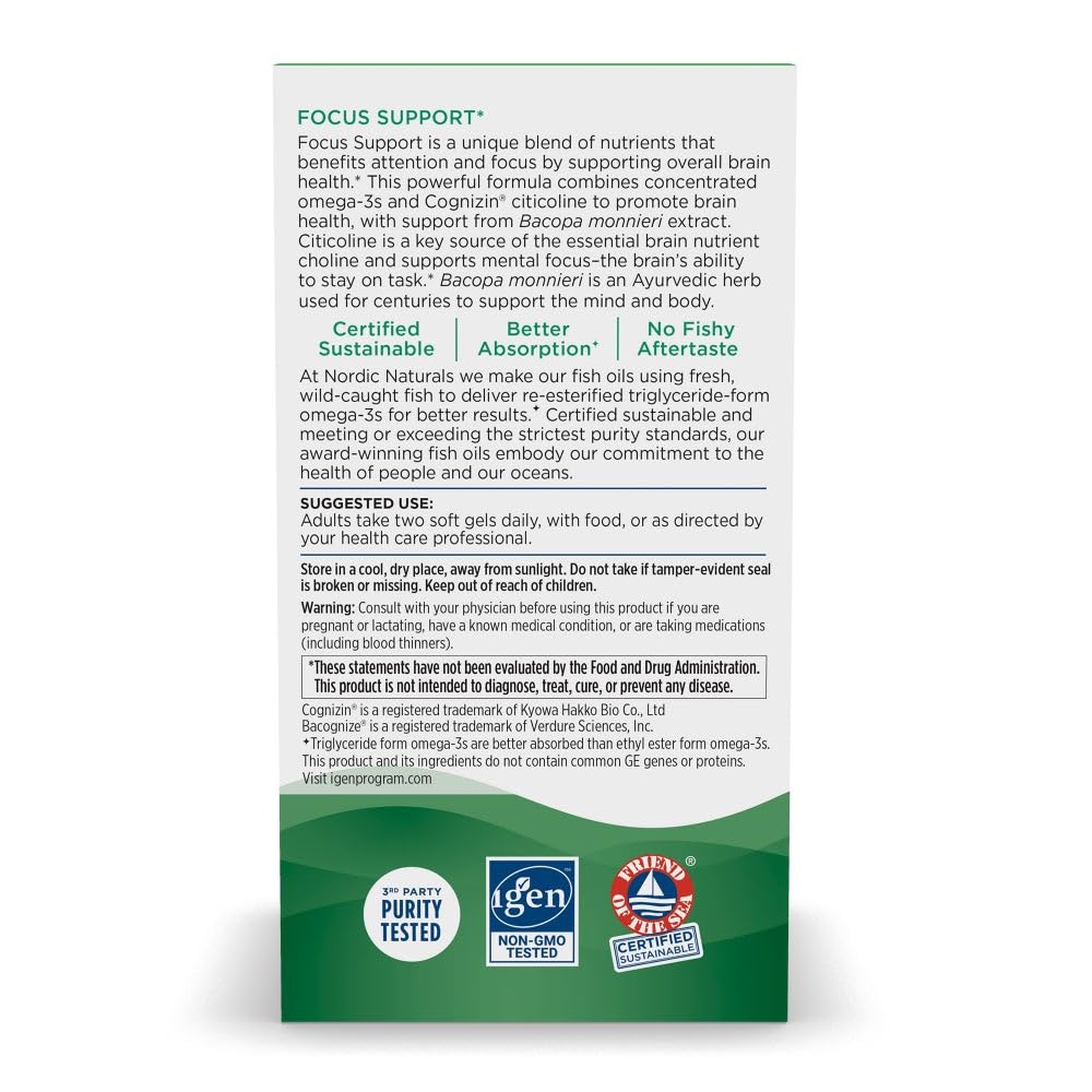 Nordic Naturals Omega Focus, Lemon - 60 Soft Gels - 1280 mg Omega-3 + Citicoline & Bacopa Monnieri Extract - Focus, Attention, Memory, Brain Health - Non-GMO - 30 Servings - dailyvitalstore