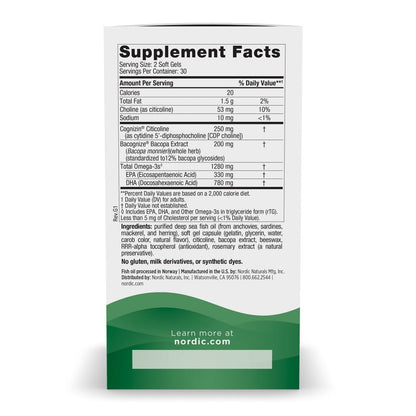 Nordic Naturals Omega Focus, Lemon - 60 Soft Gels - 1280 mg Omega-3 + Citicoline & Bacopa Monnieri Extract - Focus, Attention, Memory, Brain Health - Non-GMO - 30 Servings - dailyvitalstore