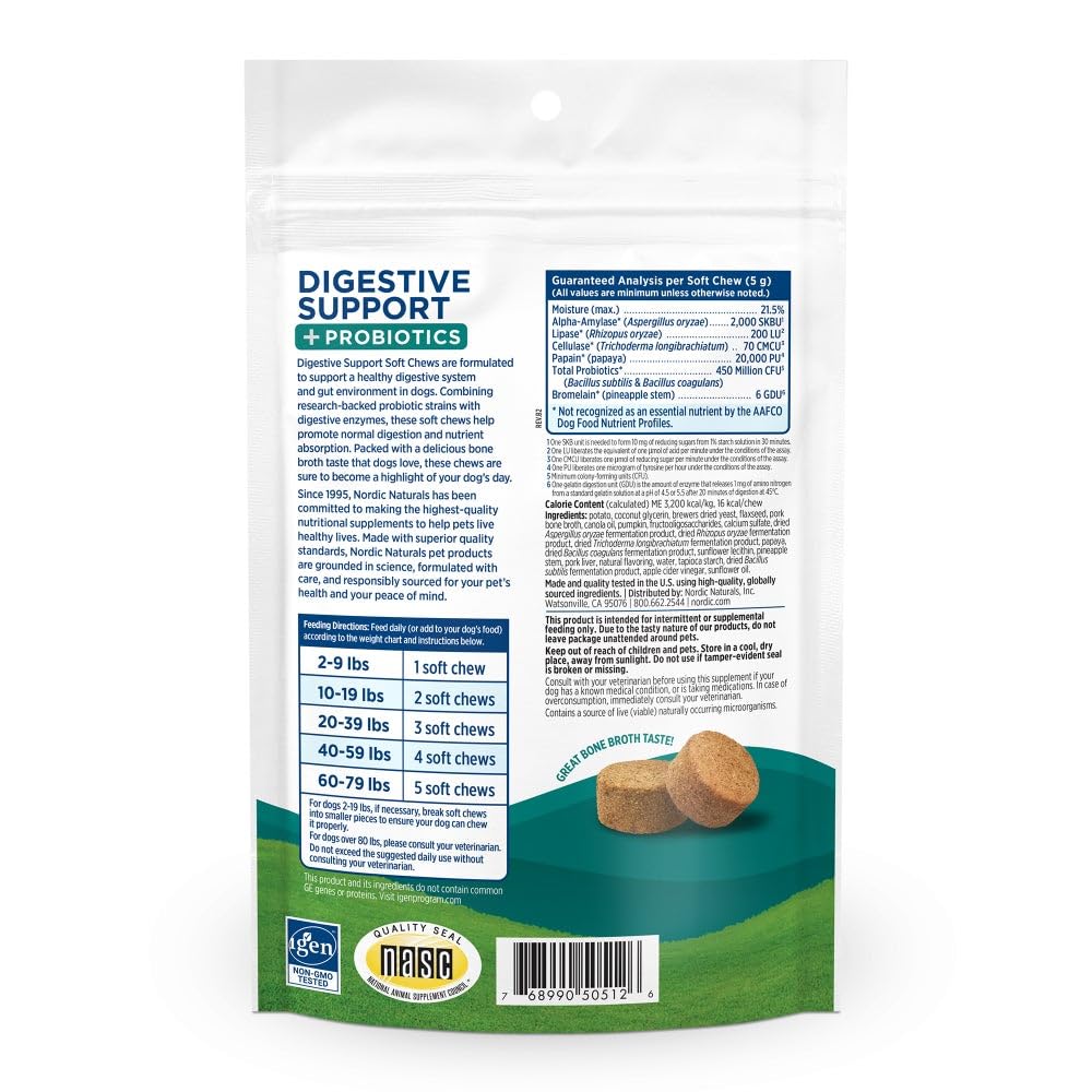 Nordic Naturals Pet Digestive Support with Probiotics, Pork Bone Broth Flavor - 30 Soft Chews - Nutritional Supplement for a Healthy Digestive System and GI Support - 30 Non-GMO Chews - dailyvitalstore