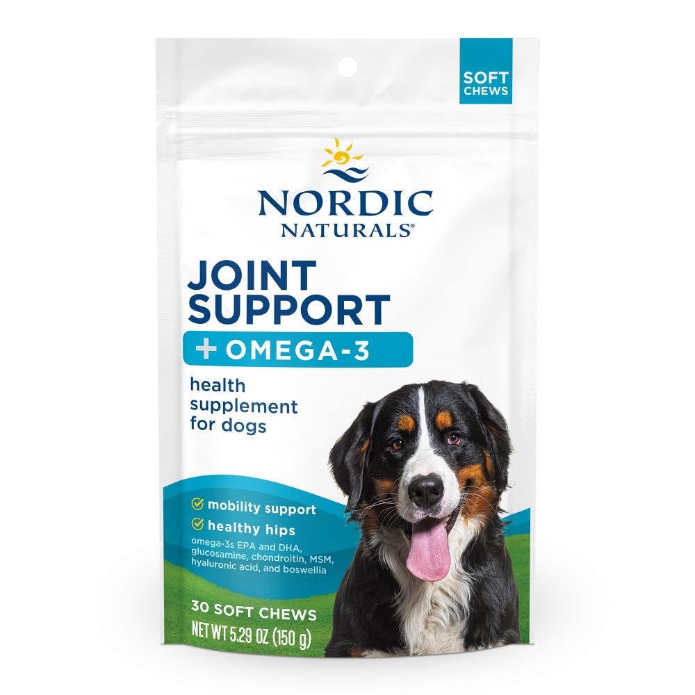Nordic Naturals Pet Joint Support + Omega 3 Soft Chews for Dogs, Pork Bone Broth Flavored - Promotes Mobility, Hip and Joint Support with Omega-3 Fish Oil, MSM, EPA & DHA - 30 Non-GMO Chews - dailyvitalstore