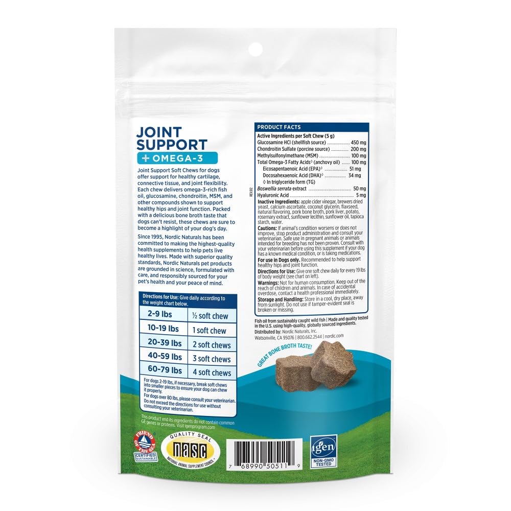 Nordic Naturals Pet Joint Support + Omega 3 Soft Chews for Dogs, Pork Bone Broth Flavored - Promotes Mobility, Hip and Joint Support with Omega-3 Fish Oil, MSM, EPA & DHA - 30 Non-GMO Chews - dailyvitalstore
