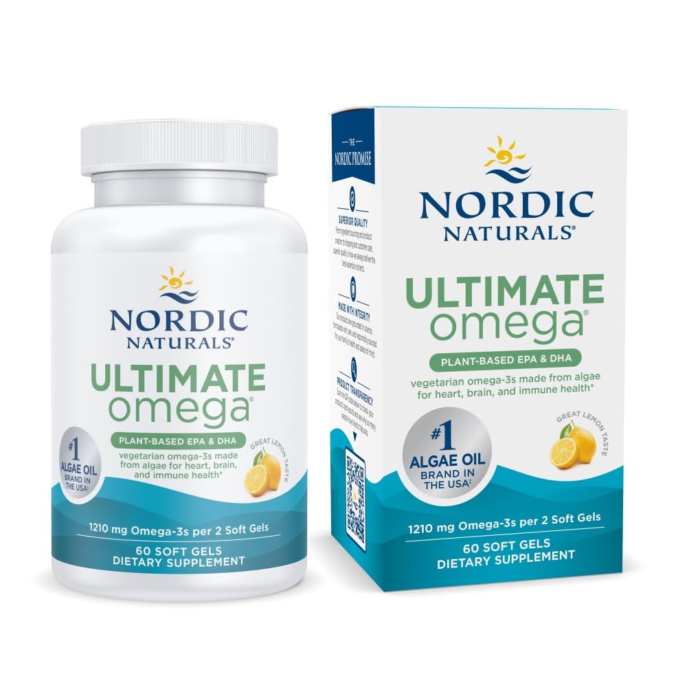 Nordic Naturals Plant Based Ultimate Omega, Lemon Flavor - 60 Vegetarian Soft Gels - 1210 mg Omega-3 - Vegan EPA and DHA - Supplement Made from Algae - Brain & Heart Support - Non-GMO - 30 Servings - dailyvitalstore