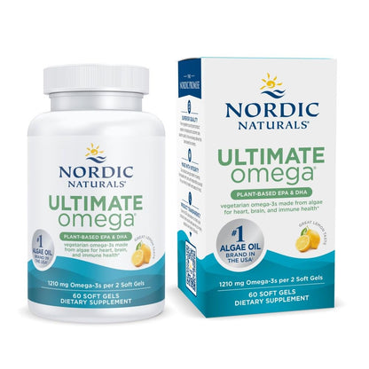 Nordic Naturals Plant Based Ultimate Omega, Lemon Flavor - 60 Vegetarian Soft Gels - 1210 mg Omega-3 - Vegan EPA and DHA - Supplement Made from Algae - Brain & Heart Support - Non-GMO - 30 Servings - dailyvitalstore