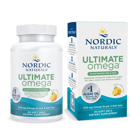 Nordic Naturals Plant Based Ultimate Omega, Lemon Flavor - 60 Vegetarian Soft Gels - 1210 mg Omega-3 - Vegan EPA and DHA - Supplement Made from Algae - Brain & Heart Support - Non-GMO - 30 Servings - dailyvitalstore