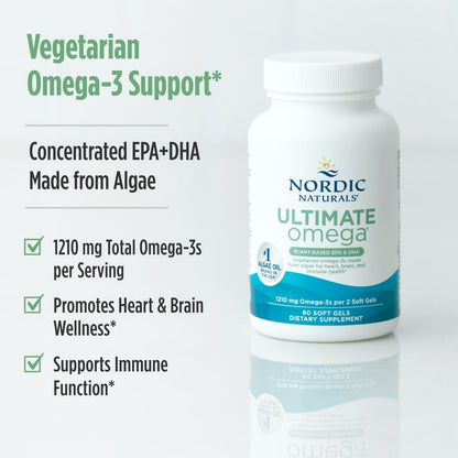 Nordic Naturals Plant Based Ultimate Omega, Lemon Flavor - 60 Vegetarian Soft Gels - 1210 mg Omega-3 - Vegan EPA and DHA - Supplement Made from Algae - Brain & Heart Support - Non-GMO - 30 Servings - dailyvitalstore
