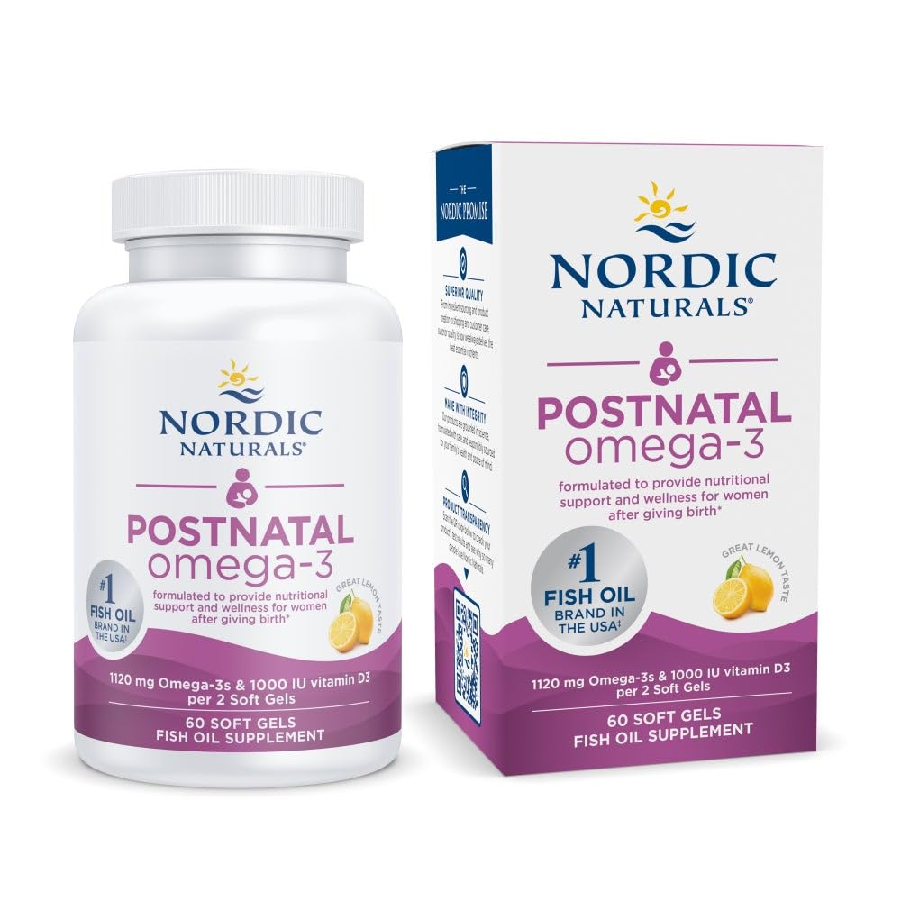 Nordic Naturals Postnatal Omega-3, Lemon - 60 Soft Gels - 1120 Total Omega-3 + 1000 IU Vitamin D3 - Formulated for New Moms; Supports Optimal Wellness, Positive Mood, Healthy Metabolism - 30 Servings - dailyvitalstore