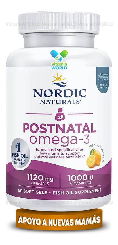 Nordic Naturals Postnatal Omega-3, Lemon - 60 Soft Gels - 1120 Total Omega-3 + 1000 IU Vitamin D3 - Formulated for New Moms; Supports Optimal Wellness, Positive Mood, Healthy Metabolism - 30 Servings - dailyvitalstore