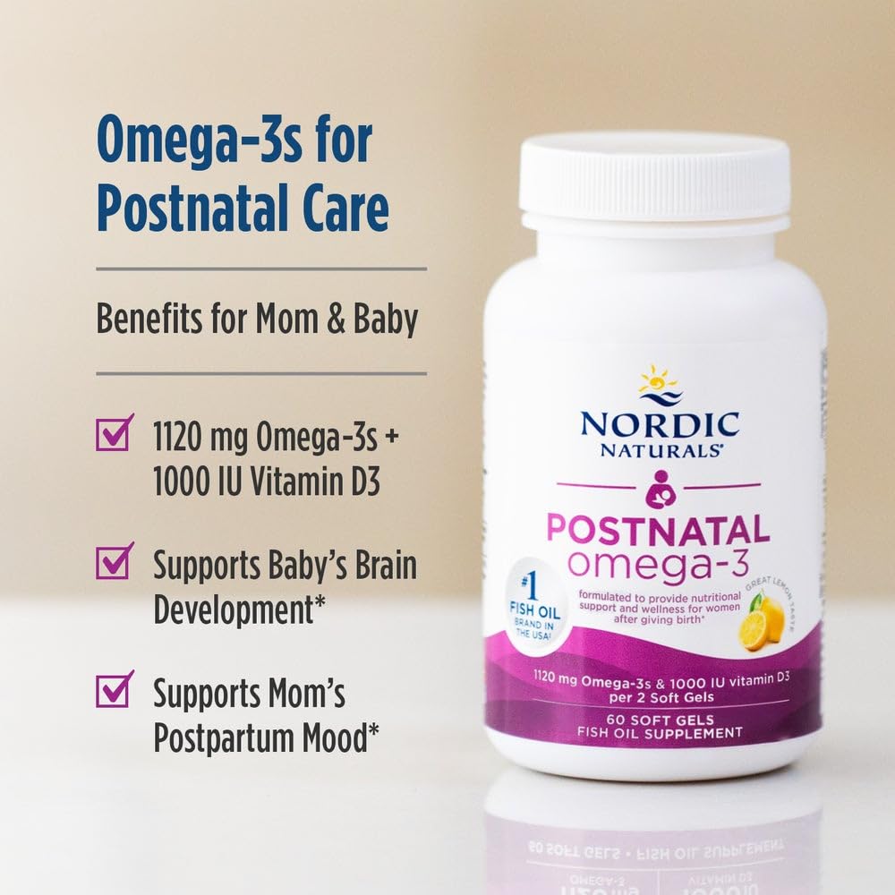 Nordic Naturals Postnatal Omega-3, Lemon - 60 Soft Gels - 1120 Total Omega-3 + 1000 IU Vitamin D3 - Formulated for New Moms; Supports Optimal Wellness, Positive Mood, Healthy Metabolism - 30 Servings - dailyvitalstore