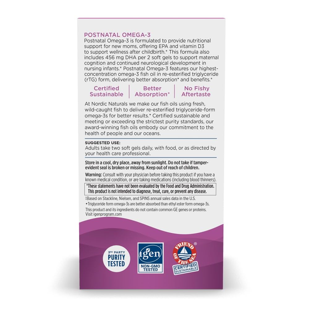 Nordic Naturals Postnatal Omega-3, Lemon - 60 Soft Gels - 1120 Total Omega-3 + 1000 IU Vitamin D3 - Formulated for New Moms; Supports Optimal Wellness, Positive Mood, Healthy Metabolism - 30 Servings - dailyvitalstore