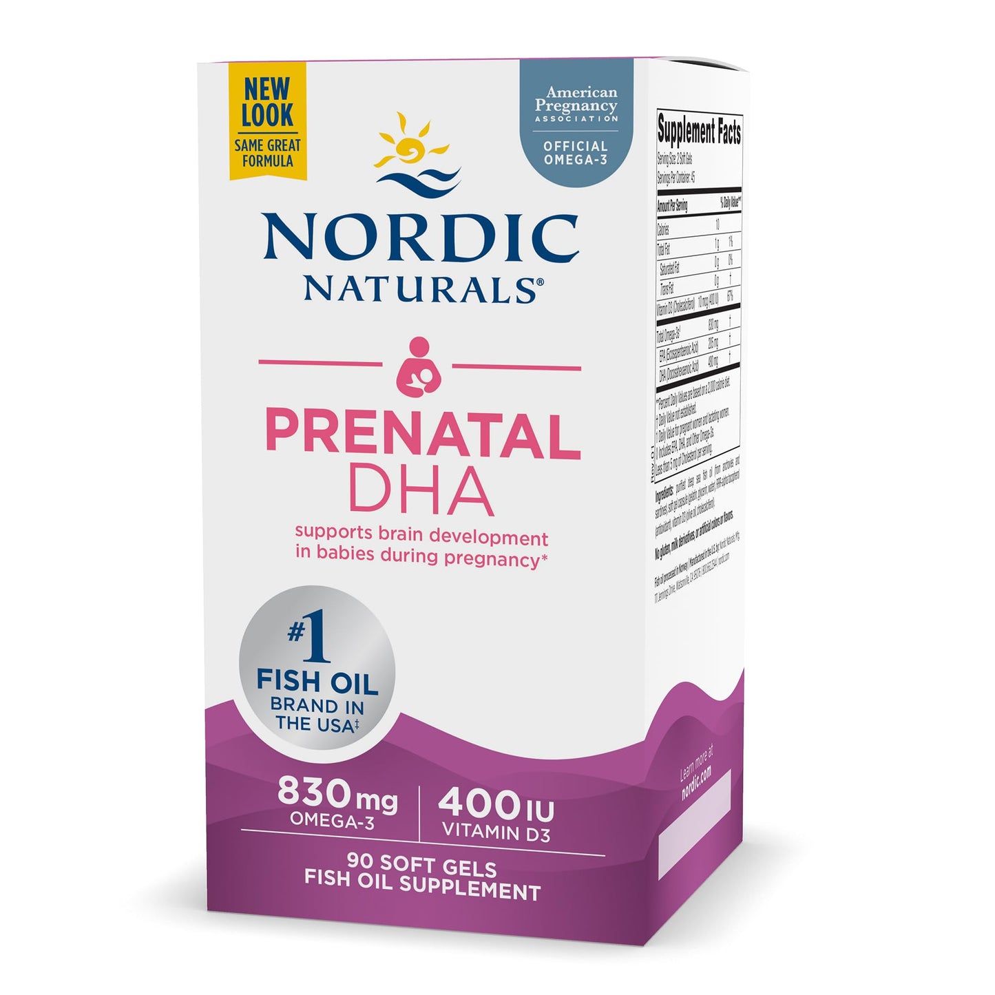 Nordic Naturals Prenatal DHA, Unflavored - 830 mg Omega-3 + 400 IU Vitamin D3 - 90 Soft Gels - Supports Brain Development in Babies During Pregnancy & Lactation - Non-GMO - 45 Servings - dailyvitalstore