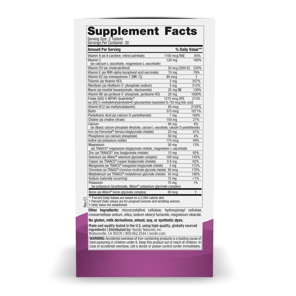 Nordic Naturals Prenatal Multivitamin for Women - Daily Vegetarian Prenatal Vitamins - 22 Essential Nutrients, Including B6, Folate, and Iron - 60 Tablets - 30 Servings - dailyvitalstore