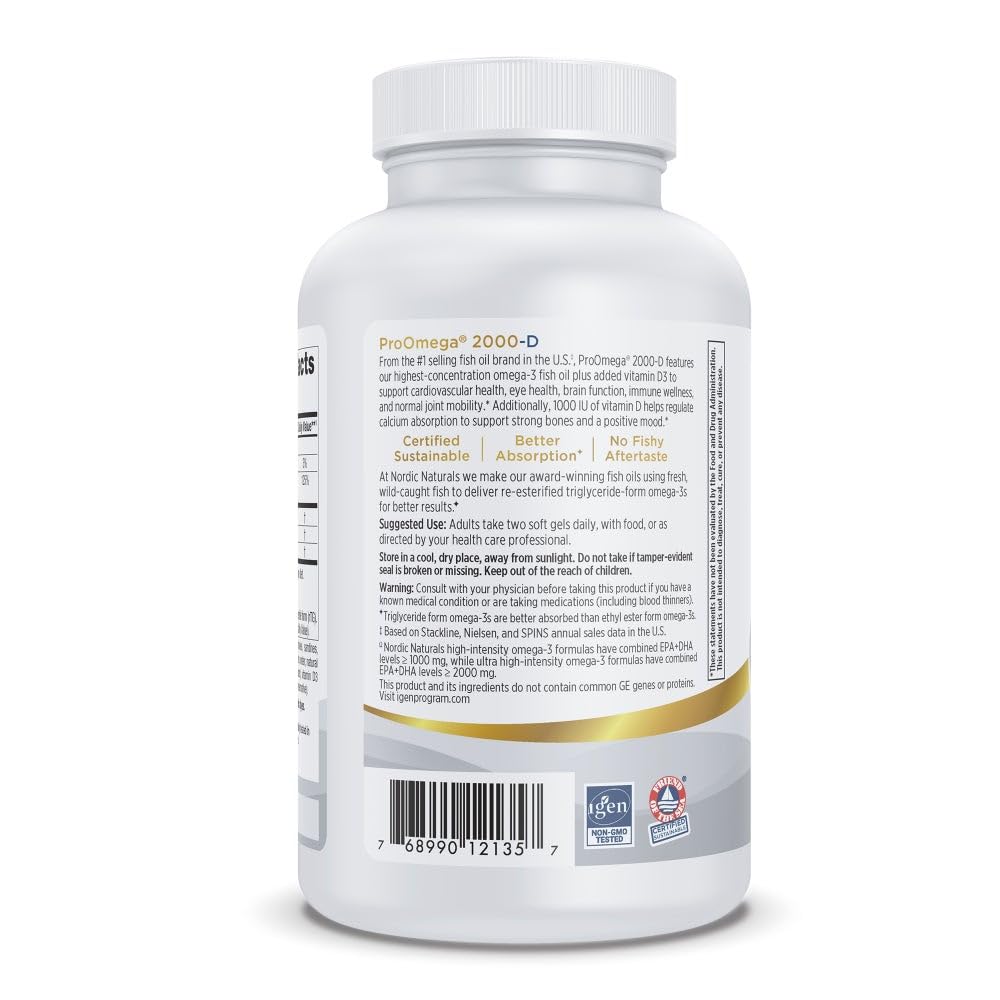 Nordic Naturals ProOmega 2000-D, Lemon Flavor - 120 Soft Gels - 2150 mg Omega-3 + 1000 IU D3 - Ultra High-Potency Fish Oil - EPA & DHA - Brain, Heart, & Immune Health - Non-GMO - 60 Servings - dailyvitalstore
