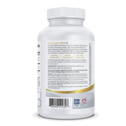 Nordic Naturals ProOmega 2000-D, Lemon Flavor - 120 Soft Gels - 2150 mg Omega-3 + 1000 IU D3 - Ultra High-Potency Fish Oil - EPA & DHA - Brain, Heart, & Immune Health - Non-GMO - 60 Servings - dailyvitalstore