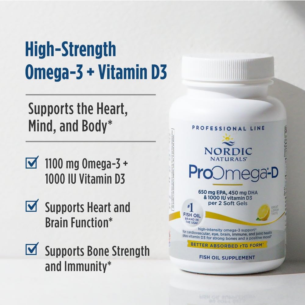 Nordic Naturals ProOmega-D, Lemon Flavor - 120 Soft Gels - 1280 mg Omega-3 + 1000 IU D3 - High-Potency Fish Oil - EPA & DHA - Brain, Eye, Heart, & Immune Health - Non-GMO - 60 Servings - dailyvitalstore