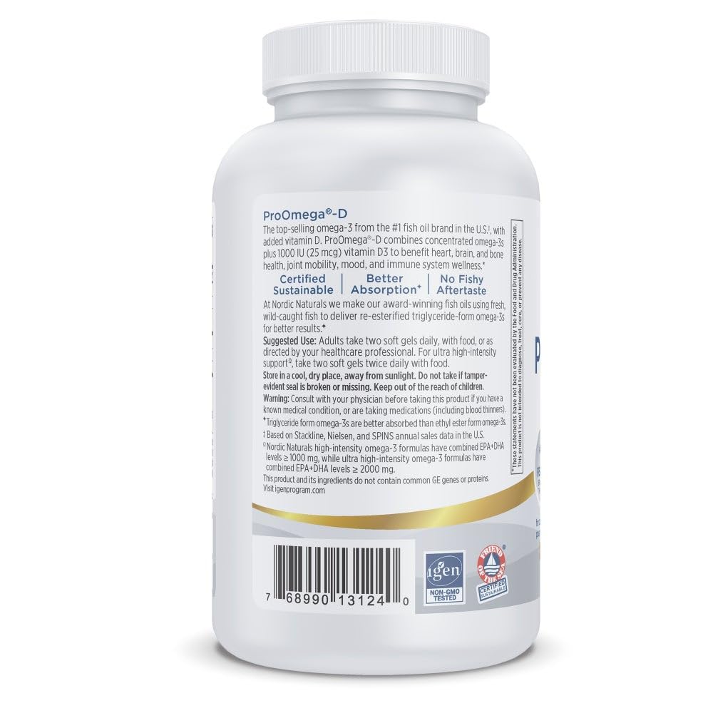 Nordic Naturals ProOmega-D, Lemon Flavor - 120 Soft Gels - 1280 mg Omega-3 + 1000 IU D3 - High-Potency Fish Oil - EPA & DHA - Brain, Eye, Heart, & Immune Health - Non-GMO - 60 Servings - dailyvitalstore