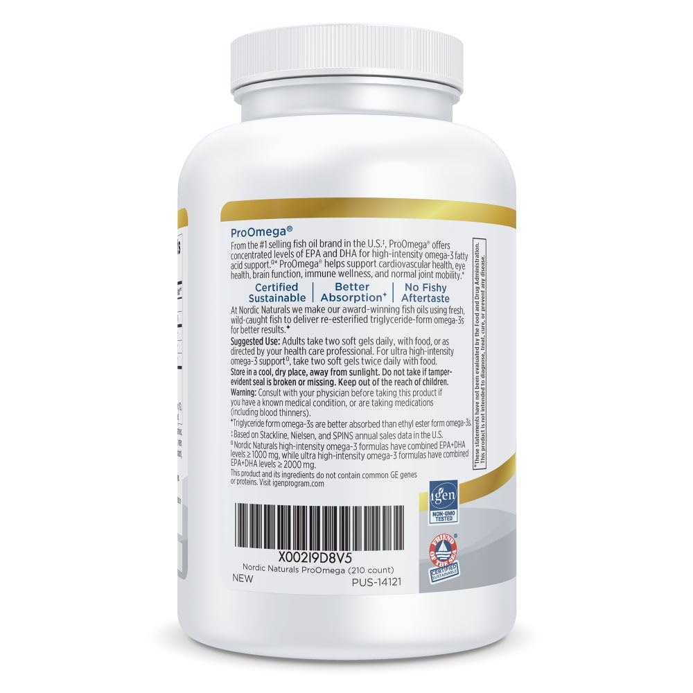 Nordic Naturals ProOmega, Lemon Flavor - 210 Soft Gels - 1000 mg Omega-3 - High-Potency Fish Oil with EPA & DHA - Promotes Brain, Eye, Heart, & Immune Health - Non-GMO - 105 Servings - dailyvitalstore