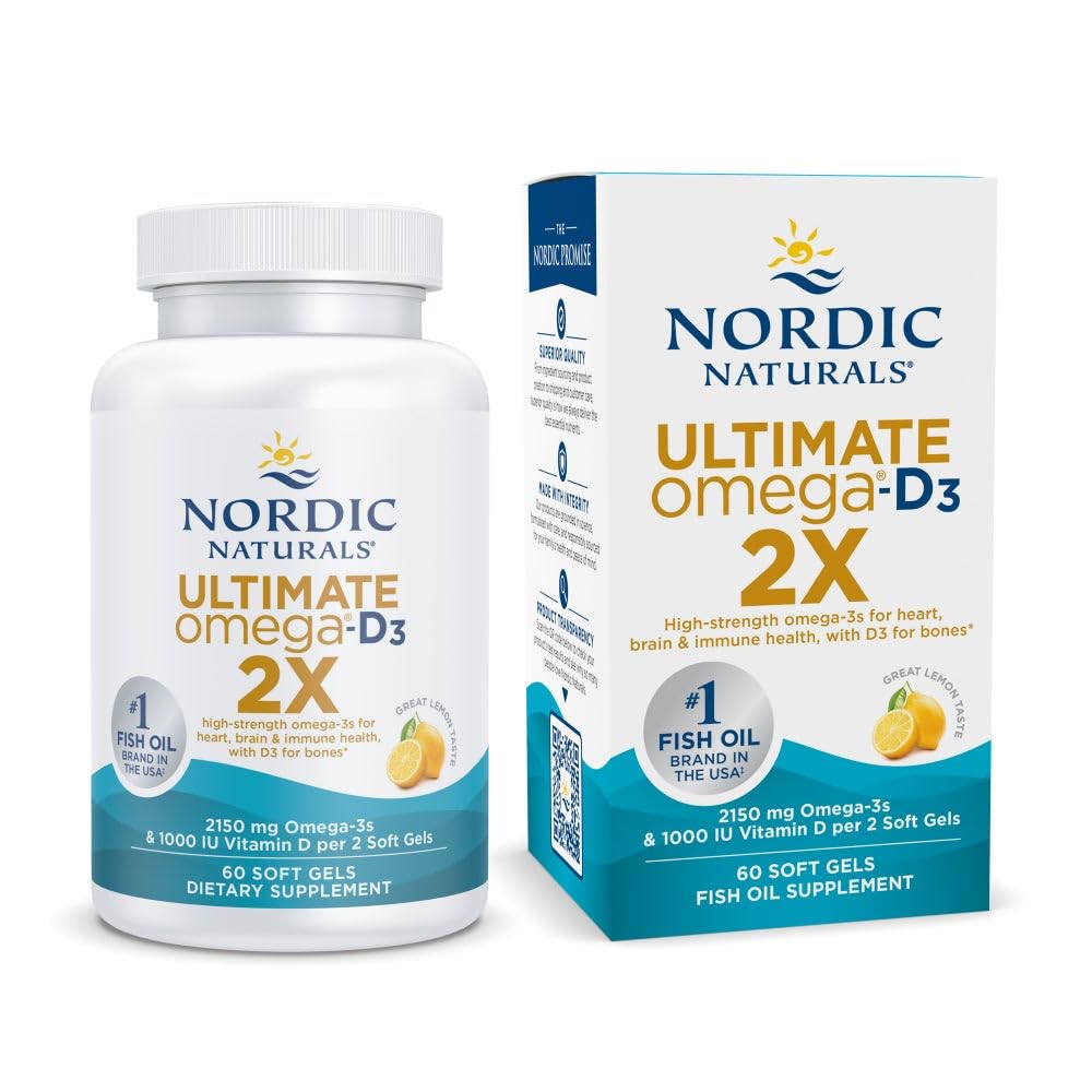 Nordic Naturals Ultimate Omega 2X with Vitamin D3, Lemon Flavor - 60 Soft Gels - 2150 mg Omega-3 + 1000 IU D3 - EPA & DHA - Brain, Heart, & Immune Health - 30 Servings - dailyvitalstore
