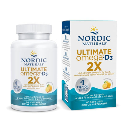 Nordic Naturals Ultimate Omega 2X with Vitamin D3, Lemon Flavor - 60 Soft Gels - 2150 mg Omega-3 + 1000 IU D3 - EPA & DHA - Brain, Heart, & Immune Health - 30 Servings - dailyvitalstore