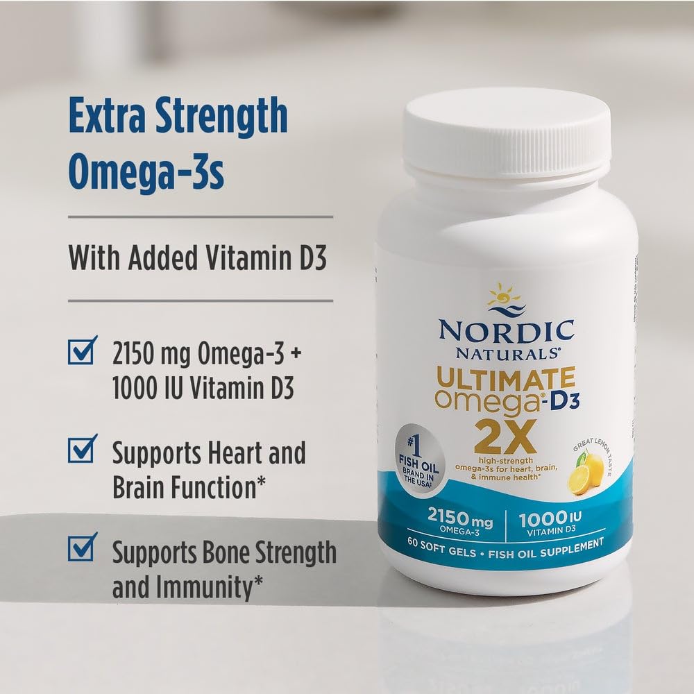 Nordic Naturals Ultimate Omega 2X with Vitamin D3, Lemon Flavor - 60 Soft Gels - 2150 mg Omega-3 + 1000 IU D3 - EPA & DHA - Brain, Heart, & Immune Health - 30 Servings - dailyvitalstore
