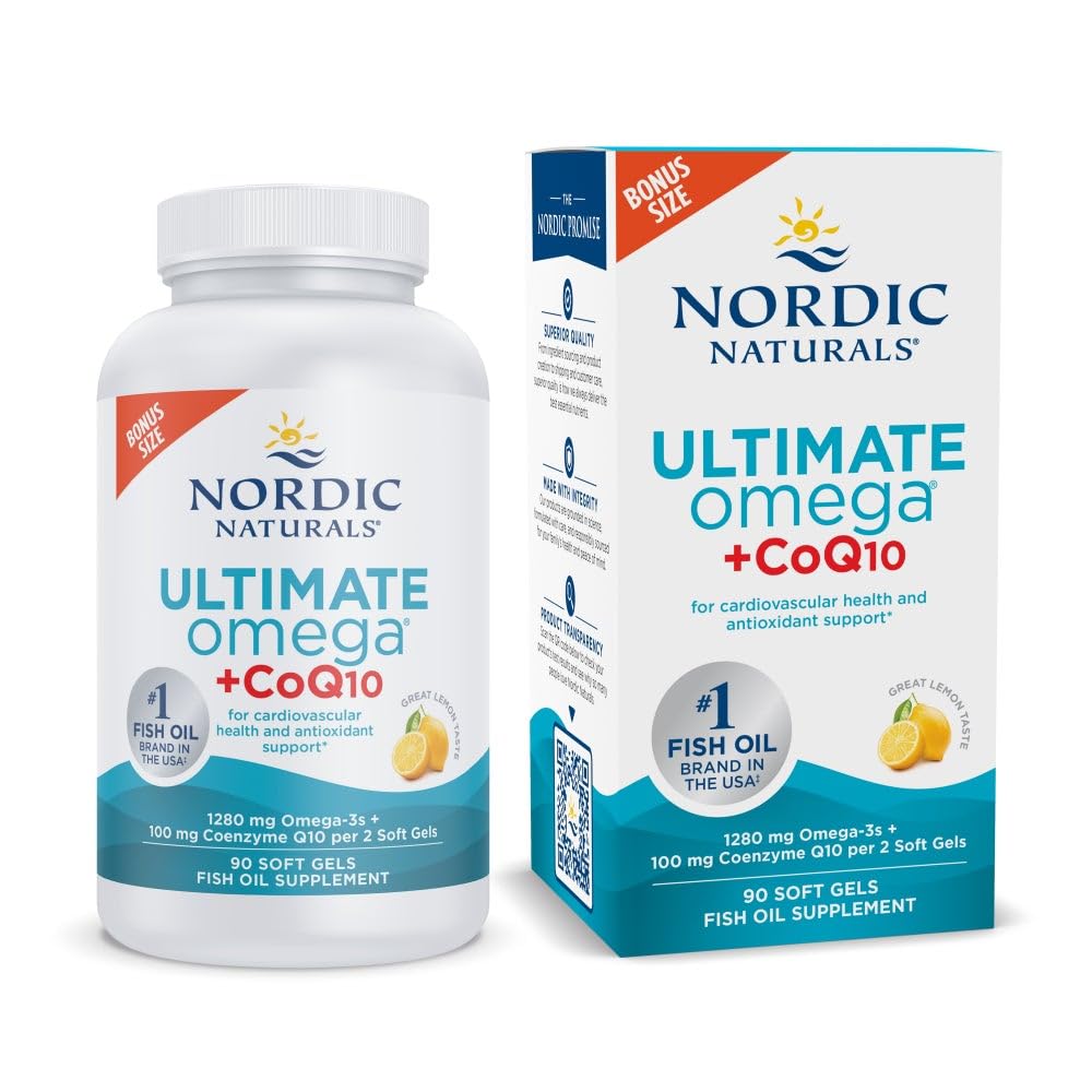 Nordic Naturals Ultimate Omega + CoQ10, Lemon - 90 Soft Gels - 1280 mg Omega-3 + 100 mg CoQ10 - Heart Health, Cellular Energy, Antioxidant Support - Non-GMO - 45 Servings - dailyvitalstore