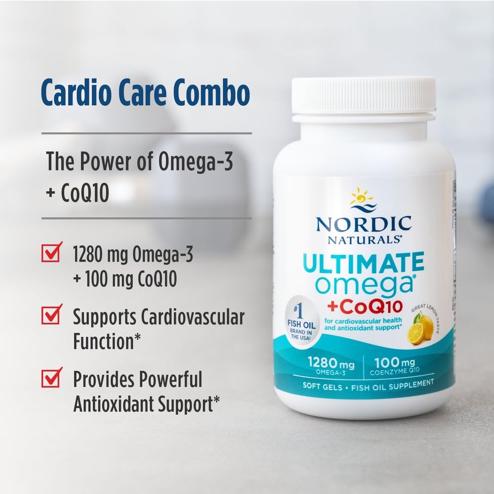 Nordic Naturals Ultimate Omega + CoQ10, Lemon - 90 Soft Gels - 1280 mg Omega-3 + 100 mg CoQ10 - Heart Health, Cellular Energy, Antioxidant Support - Non-GMO - 45 Servings - dailyvitalstore