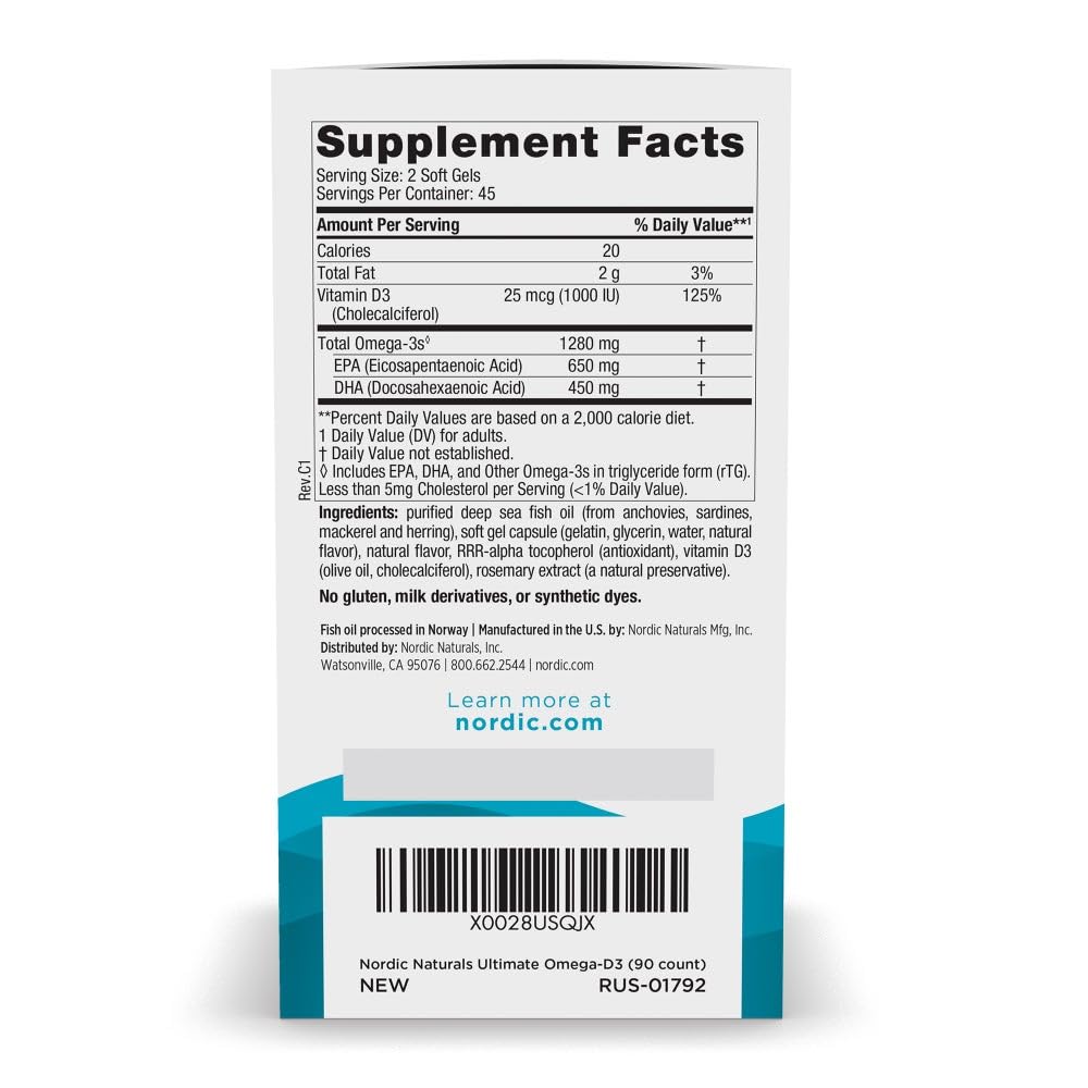 Nordic Naturals Ultimate Omega-D3, Lemon Flavor - 90 Soft Gels - 1280 mg Omega-3 + 1000 IU Vitamin D3 - EPA & DHA - Promotes Brain, Heart, & Immune Health - 45 Servings - dailyvitalstore