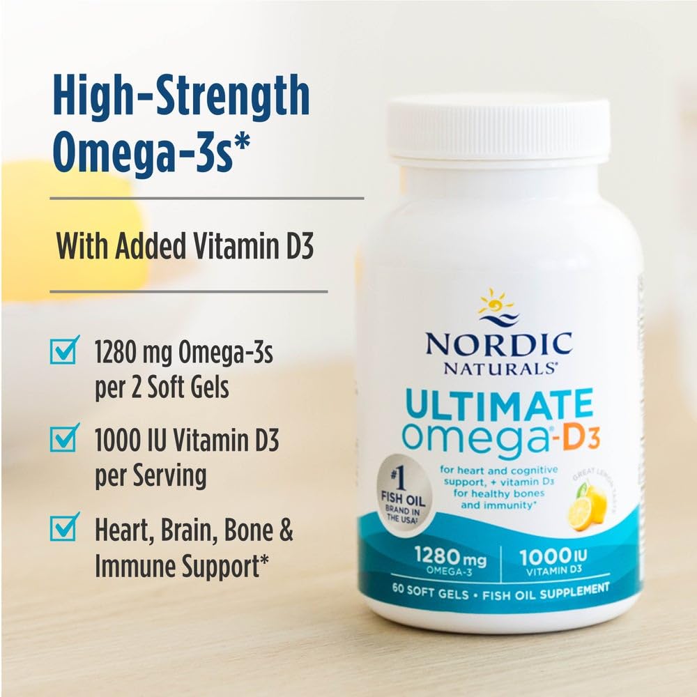 Nordic Naturals Ultimate Omega-D3, Lemon Flavor - 90 Soft Gels - 1280 mg Omega-3 + 1000 IU Vitamin D3 - EPA & DHA - Promotes Brain, Heart, & Immune Health - 45 Servings - dailyvitalstore