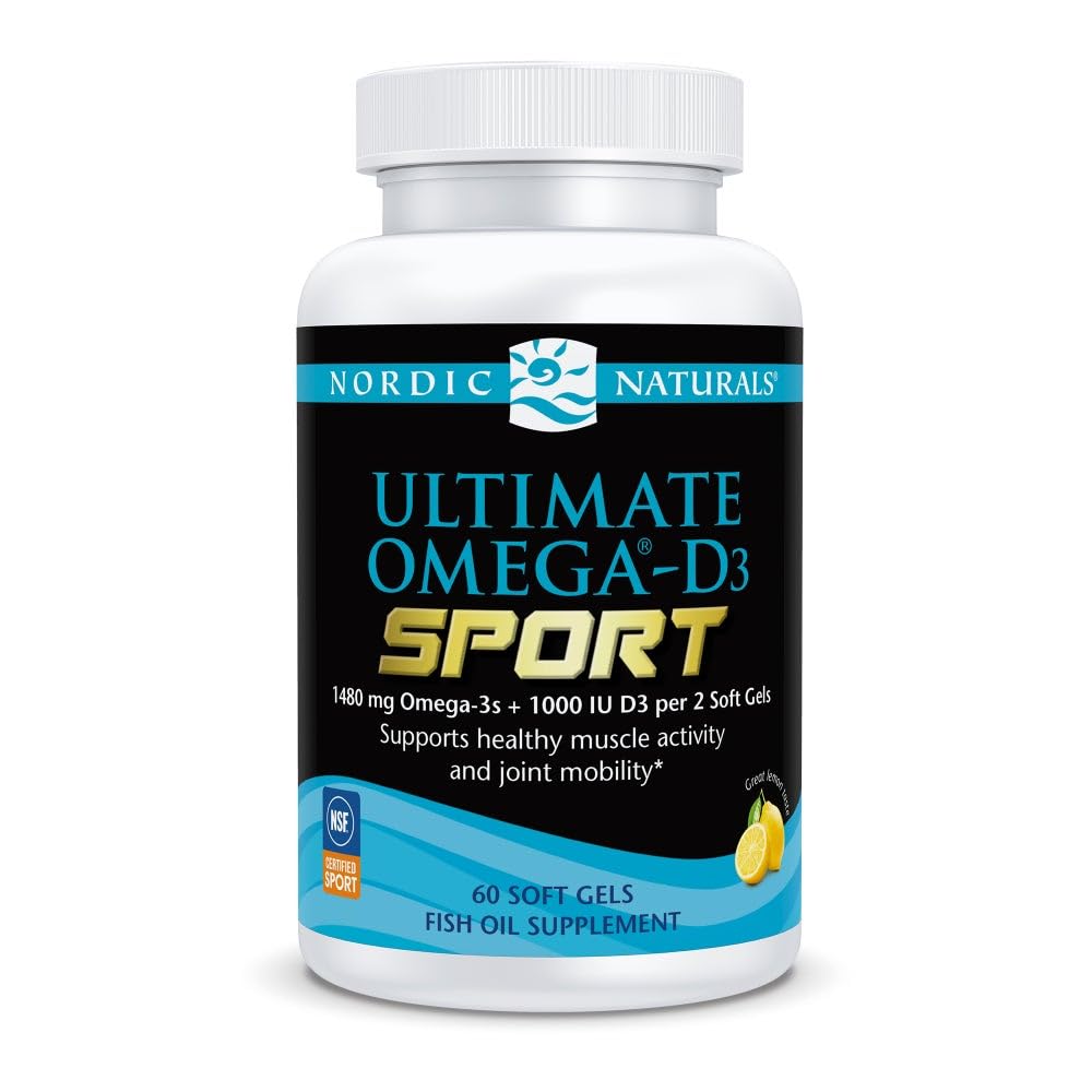 Nordic Naturals Ultimate Omega-D3 Sport, Lemon - 60 Soft Gels - 1480 mg Omega-3 + 1000 IU Vitamin D3 - NSF Certified - Supports Muscle, Bones, Focus & Endurance - 30 Servings - dailyvitalstore