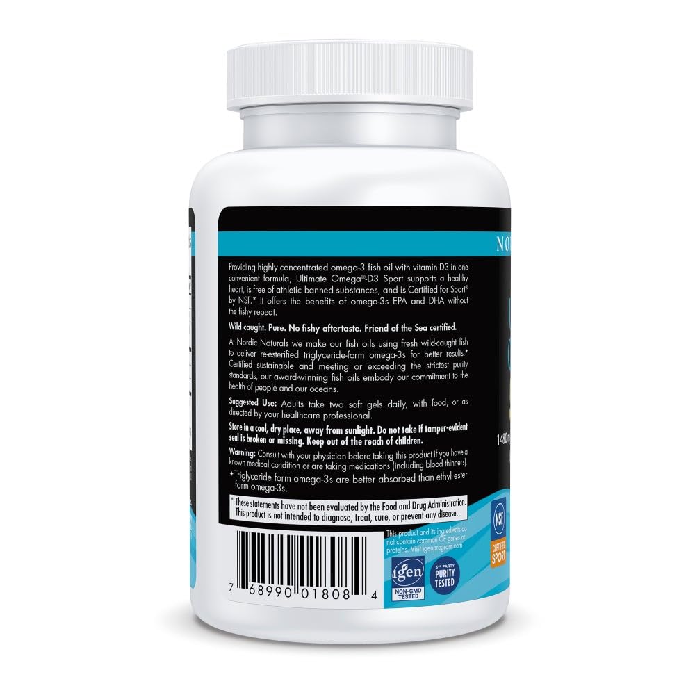 Nordic Naturals Ultimate Omega-D3 Sport, Lemon - 60 Soft Gels - 1480 mg Omega-3 + 1000 IU Vitamin D3 - NSF Certified - Supports Muscle, Bones, Focus & Endurance - 30 Servings - dailyvitalstore
