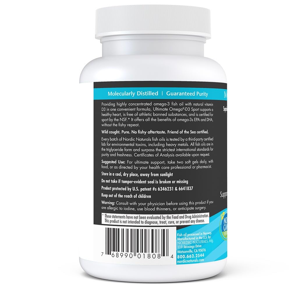 Nordic Naturals Ultimate Omega-D3 Sport, Lemon - 60 Soft Gels - 1480 mg Omega-3 + 1000 IU Vitamin D3 - NSF Certified - Supports Muscle, Bones, Focus & Endurance - 30 Servings - dailyvitalstore