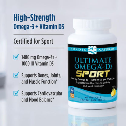 Nordic Naturals Ultimate Omega-D3 Sport, Lemon - 60 Soft Gels - 1480 mg Omega-3 + 1000 IU Vitamin D3 - NSF Certified - Supports Muscle, Bones, Focus & Endurance - 30 Servings - dailyvitalstore