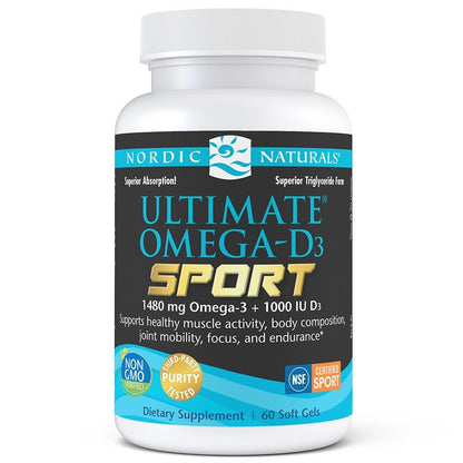 Nordic Naturals Ultimate Omega-D3 Sport, Lemon - 60 Soft Gels - 1480 mg Omega-3 + 1000 IU Vitamin D3 - NSF Certified - Supports Muscle, Bones, Focus & Endurance - 30 Servings - dailyvitalstore