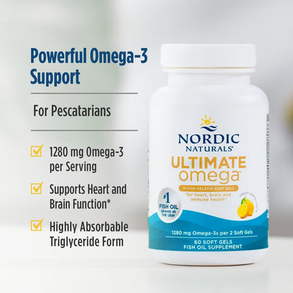 Nordic Naturals Ultimate Omega in Fish Gelatin, Lemon Flavor - 60 Soft Gels - 1280 mg Omega-3 - High-Potency Fish Oil Supplement - EPA & DHA - Promotes Brain & Heart Health - Non-GMO - 30 Servings - dailyvitalstore