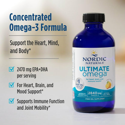 Nordic Naturals Ultimate Omega Liquid, Lemon Flavor - 8 oz - 2840 mg Omega-3 - High-Potency Fish Oil Supplement with EPA & DHA - Promotes Brain & Heart Health - Non-GMO - 48 Servings - dailyvitalstore