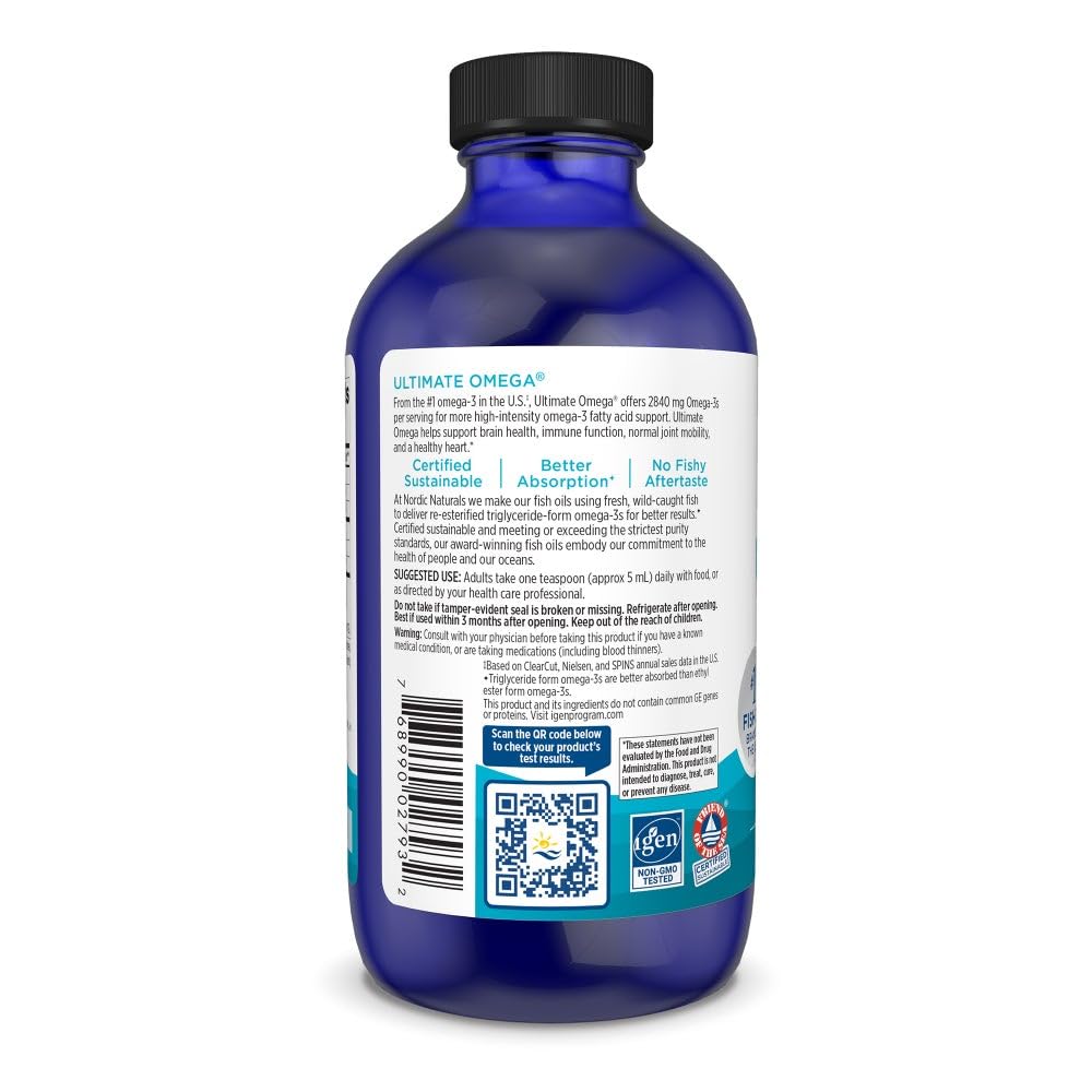 Nordic Naturals Ultimate Omega Liquid, Lemon Flavor - 8 oz - 2840 mg Omega-3 - High-Potency Fish Oil Supplement with EPA & DHA - Promotes Brain & Heart Health - Non-GMO - 48 Servings - dailyvitalstore