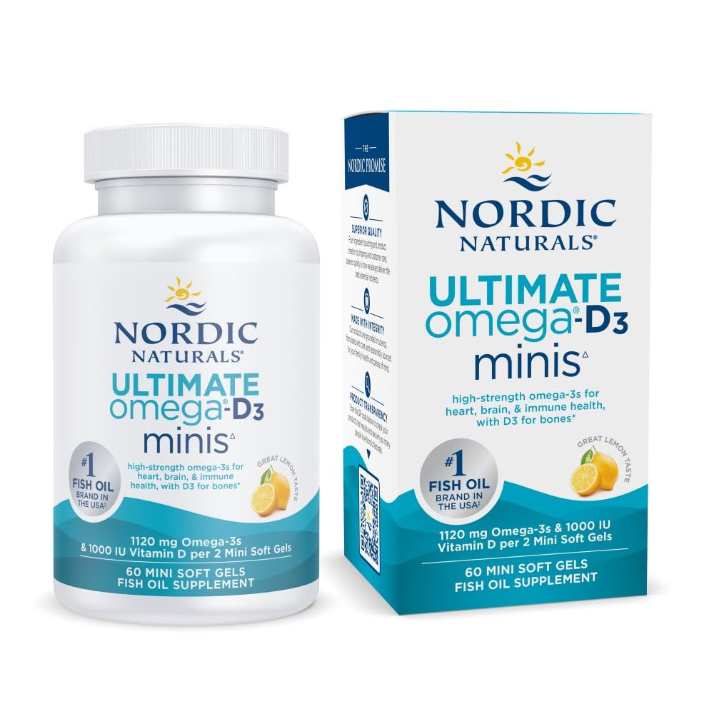 Nordic Naturals Ultimate Omega Mini D3, Lemon Flavor - 60 Mini Soft Gels - 1120 mg Omega-3 + 1000 IU Vitamin D3 - EPA & DHA - Promotes Brain & Heart Health - 30 Servings - dailyvitalstore