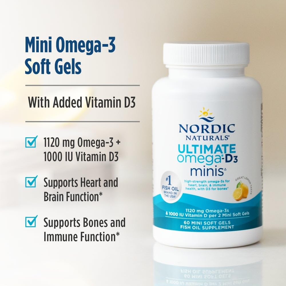 Nordic Naturals Ultimate Omega Mini D3, Lemon Flavor - 60 Mini Soft Gels - 1120 mg Omega-3 + 1000 IU Vitamin D3 - EPA & DHA - Promotes Brain & Heart Health - 30 Servings - dailyvitalstore