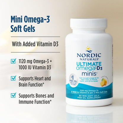 Nordic Naturals Ultimate Omega Mini D3, Lemon Flavor - 60 Mini Soft Gels - 1120 mg Omega-3 + 1000 IU Vitamin D3 - EPA & DHA - Promotes Brain & Heart Health - 30 Servings - dailyvitalstore