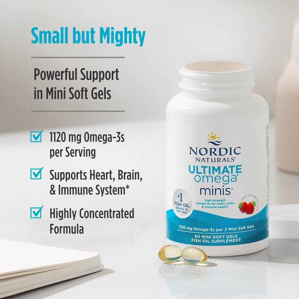 Nordic Naturals Ultimate Omega Minis, Strawberry Flavor - 60 Minis Soft Gels - 1120 mg Omega-3 - High-Potency Fish Oil Supplement - EPA & DHA - Promotes Brain & Heart Health - 30 Servings - dailyvitalstore