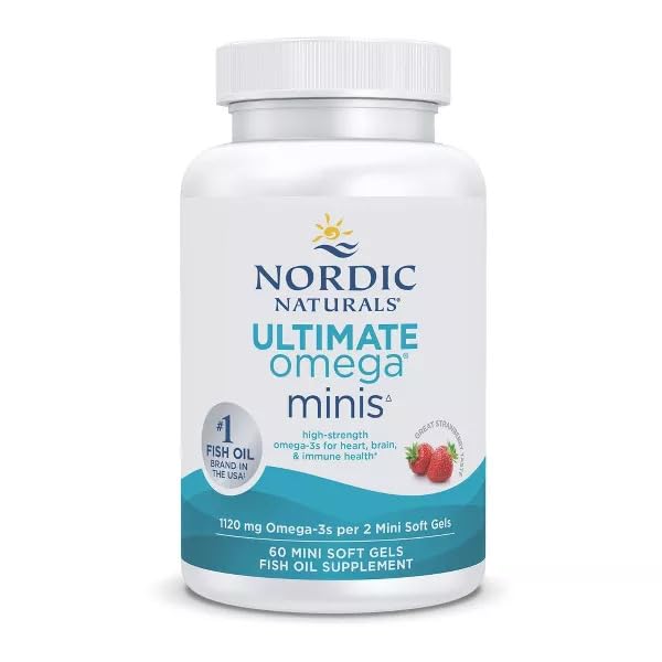 Nordic Naturals Ultimate Omega Minis, Strawberry Flavor - 60 Minis Soft Gels - 1120 mg Omega-3 - High-Potency Fish Oil Supplement - EPA & DHA - Promotes Brain & Heart Health - 30 Servings - dailyvitalstore