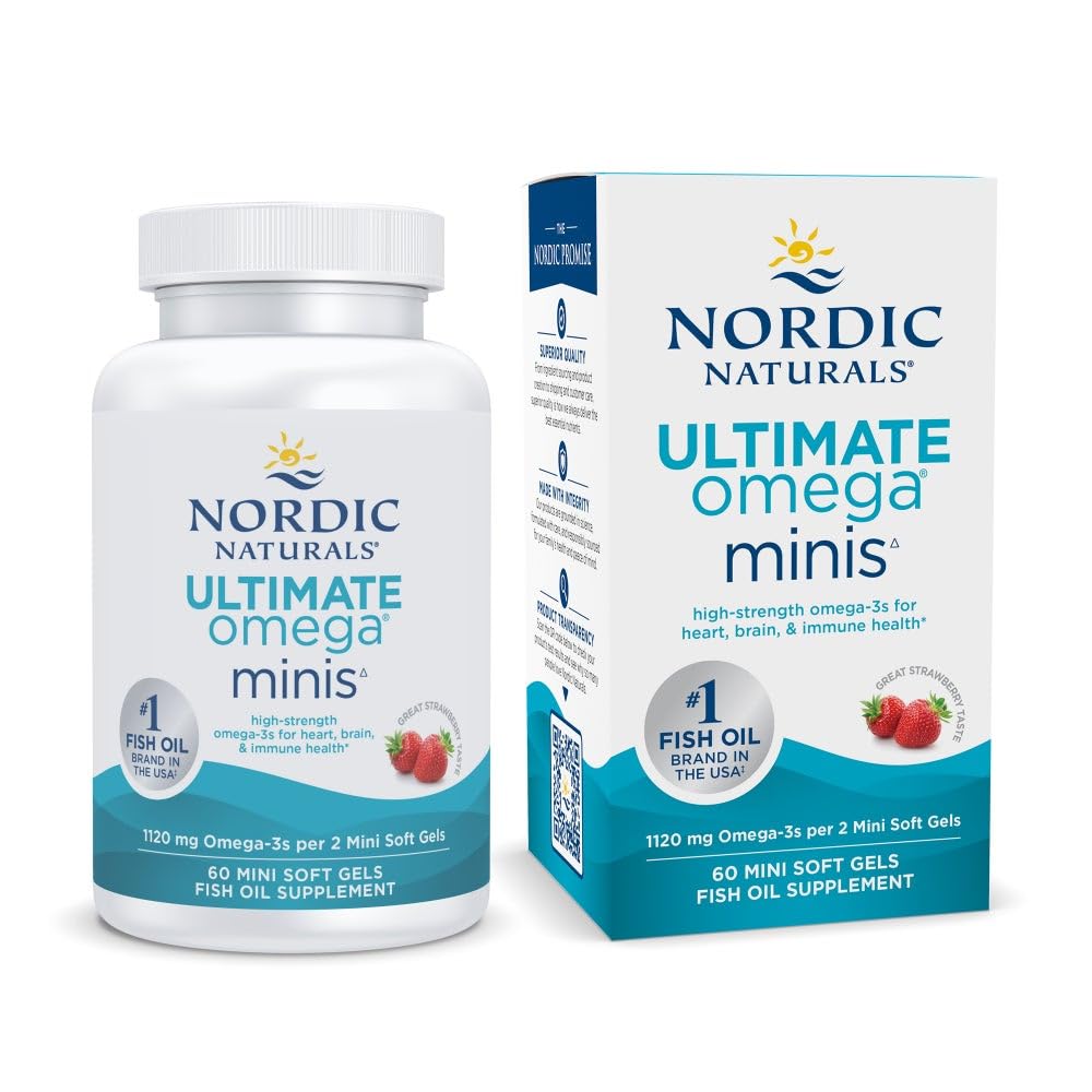 Nordic Naturals Ultimate Omega Minis, Strawberry Flavor - 60 Minis Soft Gels - 1120 mg Omega-3 - High-Potency Fish Oil Supplement - EPA & DHA - Promotes Brain & Heart Health - 30 Servings - dailyvitalstore