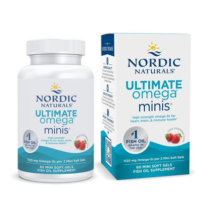 Nordic Naturals Ultimate Omega Minis, Strawberry Flavor - 60 Minis Soft Gels - 1120 mg Omega-3 - High-Potency Fish Oil Supplement - EPA & DHA - Promotes Brain & Heart Health - 30 Servings - dailyvitalstore