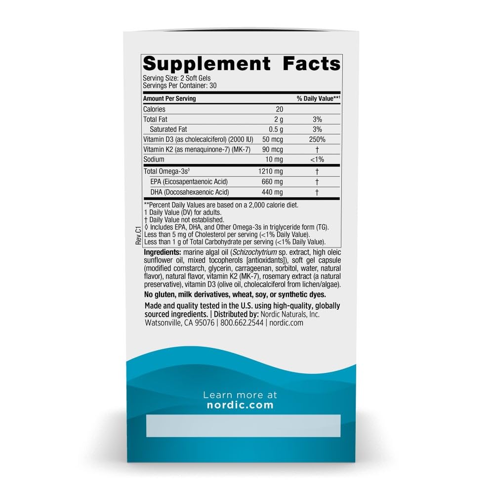 Nordic Naturals Ultimate Omega Plant Based Vitamin with Vitamin D3+K2-60 Vegetarian Soft Gels - 1210 mg Omega-3s Plus 2000 IU D3 and 90 mcg K2 - Promotes Brain Health - Non GMO - 30 Servings - dailyvitalstore