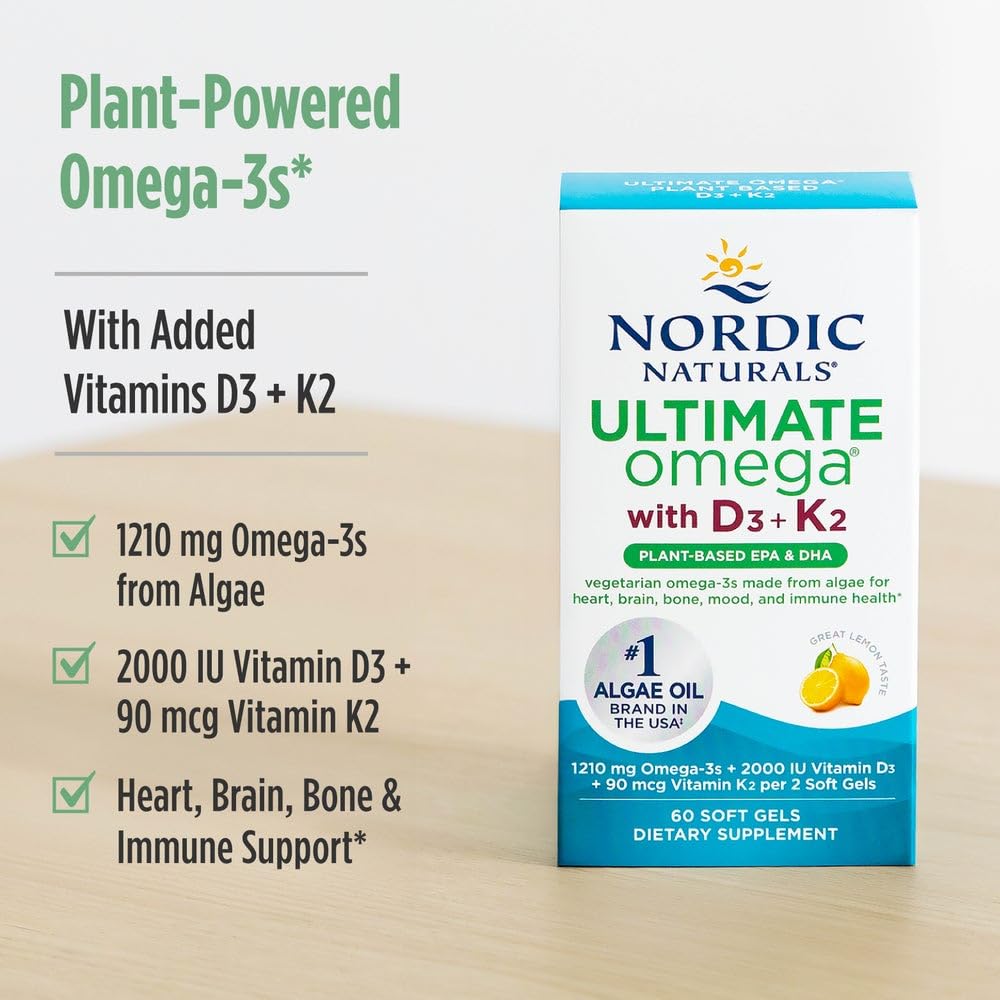 Nordic Naturals Ultimate Omega Plant Based Vitamin with Vitamin D3+K2-60 Vegetarian Soft Gels - 1210 mg Omega-3s Plus 2000 IU D3 and 90 mcg K2 - Promotes Brain Health - Non GMO - 30 Servings - dailyvitalstore