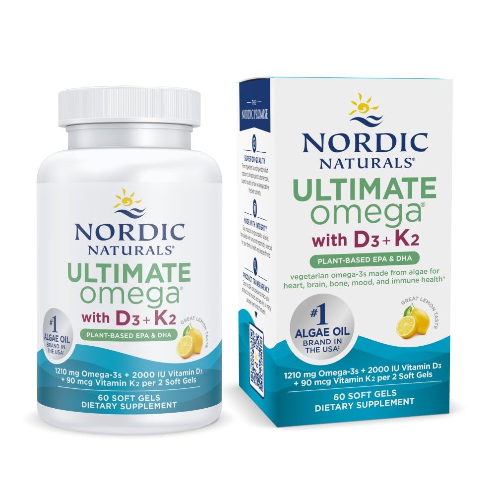 Nordic Naturals Ultimate Omega Plant Based Vitamin with Vitamin D3+K2-60 Vegetarian Soft Gels - 1210 mg Omega-3s Plus 2000 IU D3 and 90 mcg K2 - Promotes Brain Health - Non GMO - 30 Servings - dailyvitalstore