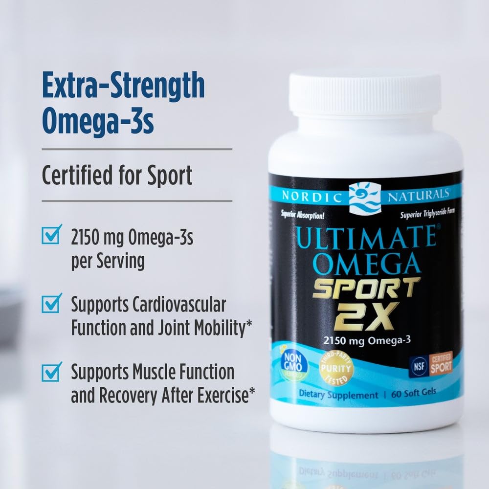 Nordic Naturals Ultimate Omega Sport 2X, Lemon Flavor - 60 Soft Gels - 2150 mg Omega-3 - NSF Certified Fish Oil with EPA & DHA - Heart & Muscle Health, Recovery - Non-GMO - 30 Servings - dailyvitalstore