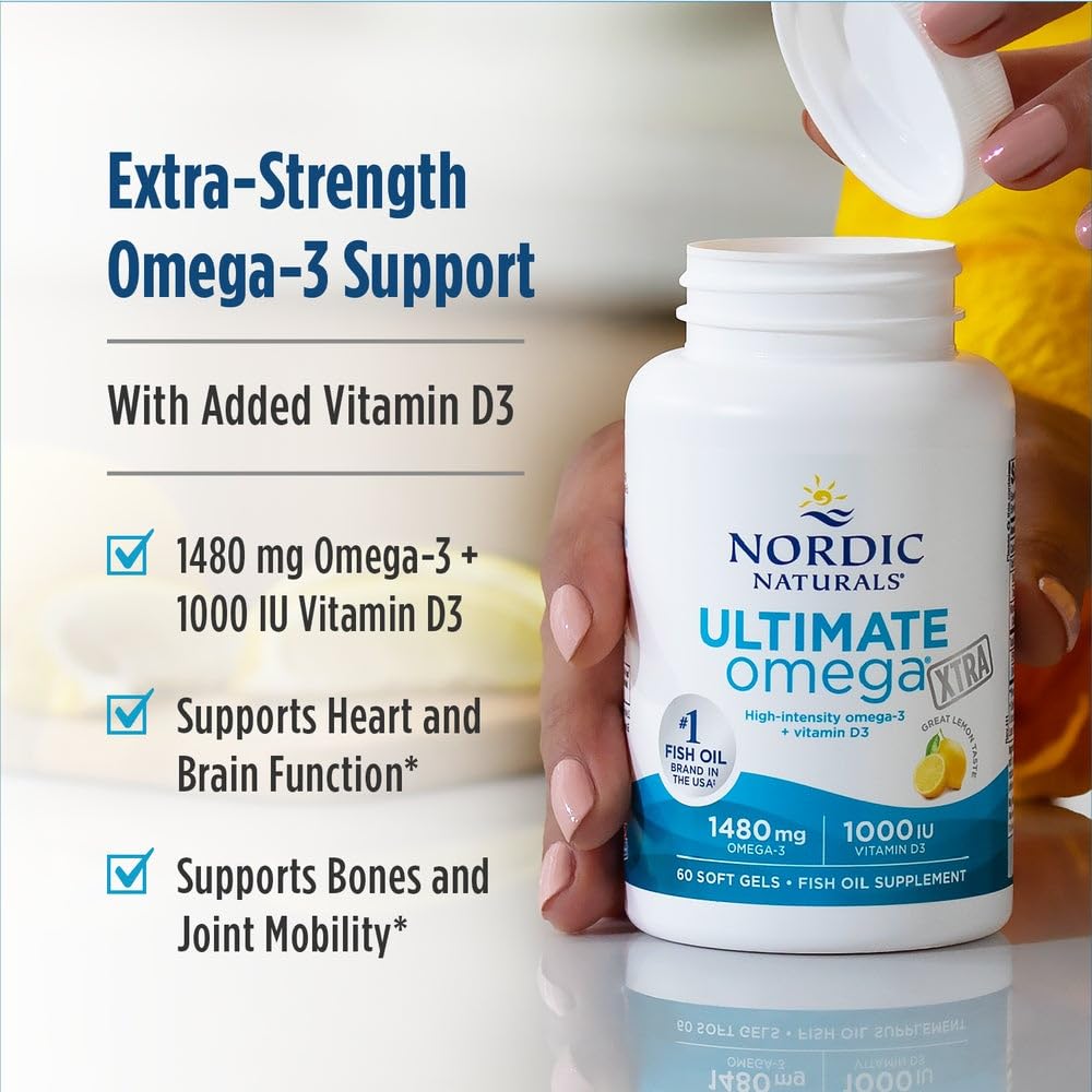 Nordic Naturals Ultimate Omega Xtra, Lemon Flavor - 60 Soft Gels - 1480 mg Omega-3 + 1000 IU Vitamin D3 - EPA & DHA - Brain, Heart, & Immune Health - 30 Servings - dailyvitalstore