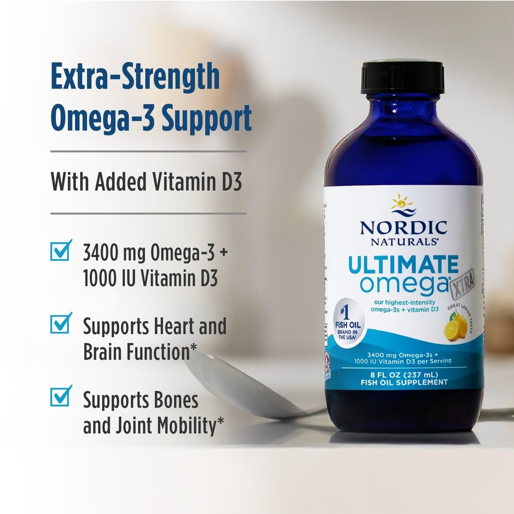 Nordic Naturals Ultimate Omega Xtra Liquid, Lemon Flavor - 8 oz - 3400 mg Omega-3 + 1000 IU Vitamin D3 - EPA & DHA - Brain, Heart, Joint, & Immune Health - Non-GMO - 48 Servings - dailyvitalstore