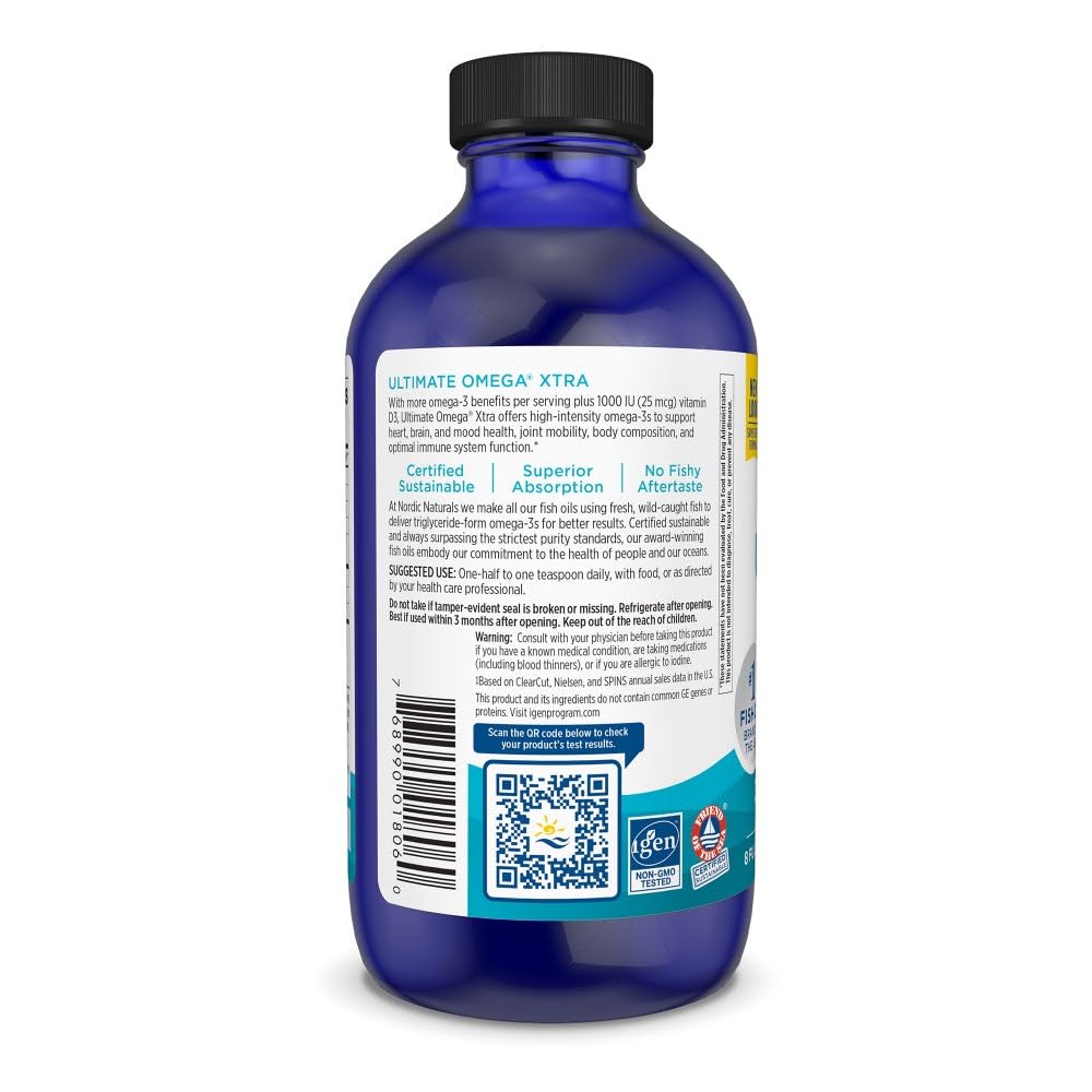 Nordic Naturals Ultimate Omega Xtra Liquid, Lemon Flavor - 8 oz - 3400 mg Omega-3 + 1000 IU Vitamin D3 - EPA & DHA - Brain, Heart, Joint, & Immune Health - Non-GMO - 48 Servings - dailyvitalstore